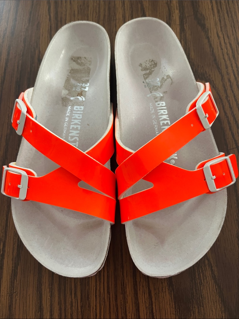Birkenstock Neon Orange Double Buckle Cross-Strap Sandals
